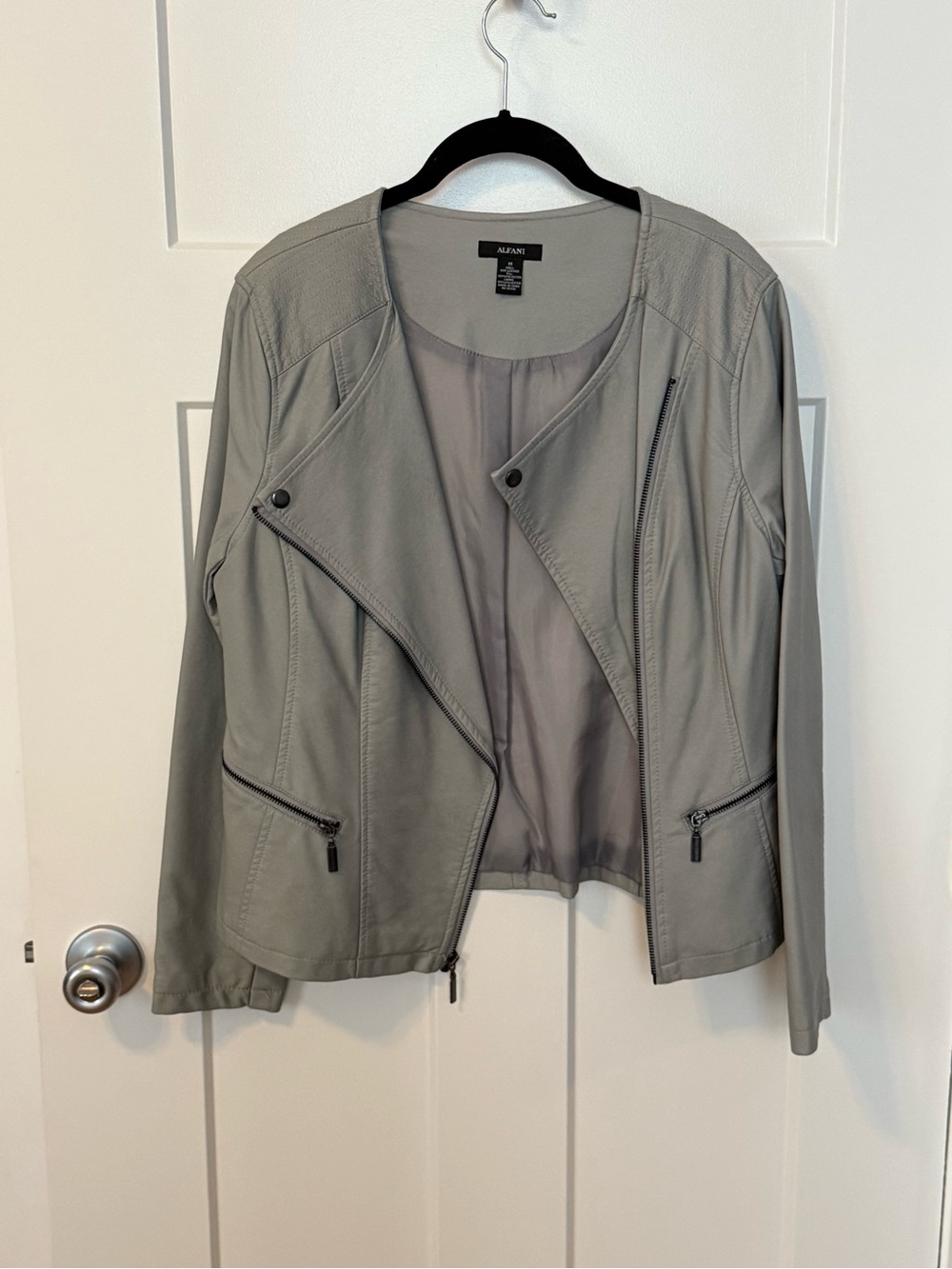Alfani Light Gray Faux Leather Drape-Front Jacket
